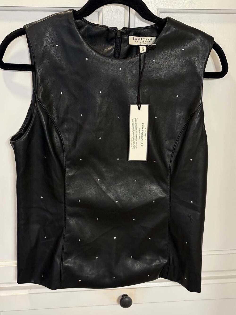 Bagatelle Collection NY Faux-Ever Leather Rhinestone Studded Sleeveless Top, M